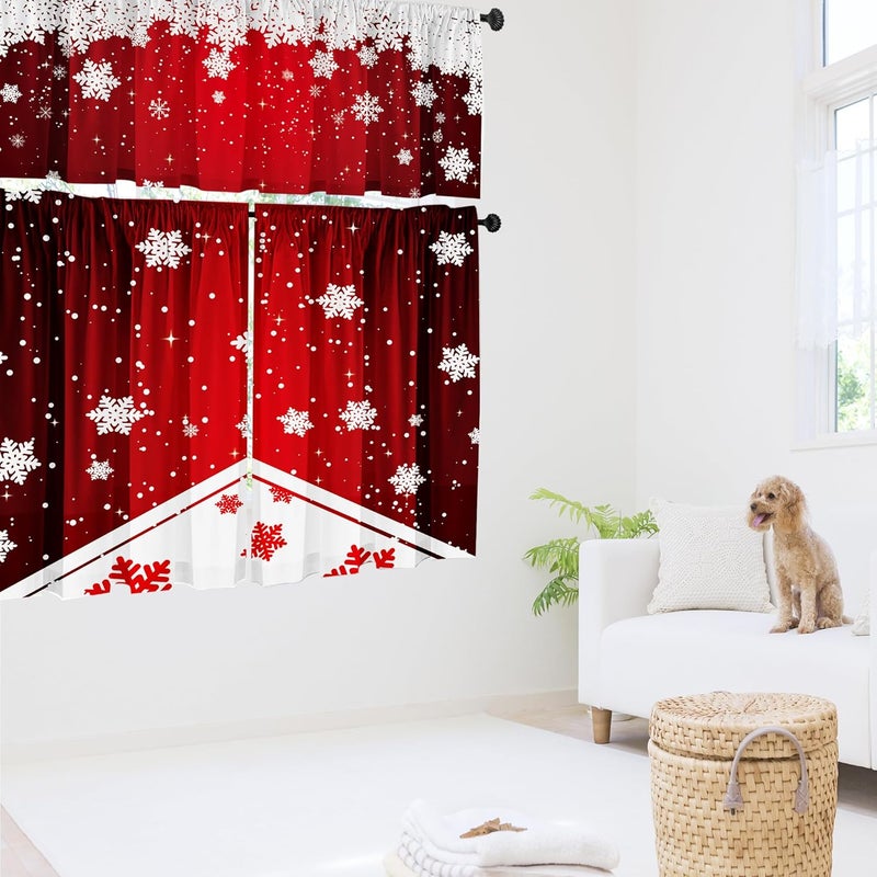 SUNWISHA Christmas Snowflake Curtain Valance Set - Red Gradient Dancing Snowflakes - Festive Kitchen/Bedroom Windows Decor - 52x18 & 36x26 inch - Image 3